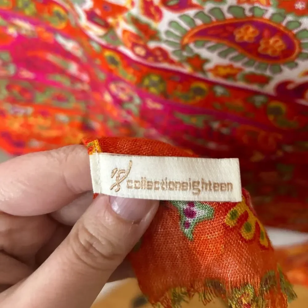 Orange Pink Green Paisley Print Shawl Wrap Scarf